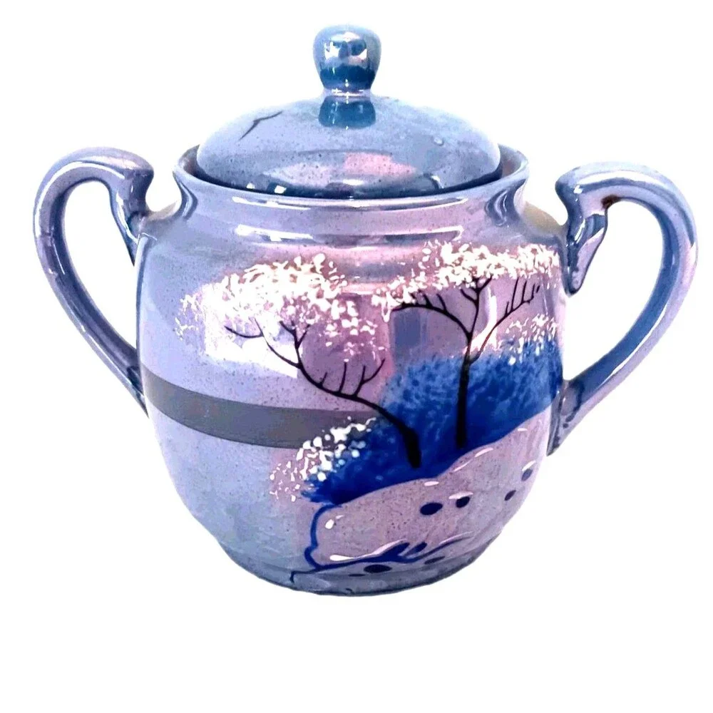 Vintage RS Made in Japan Lusterware Sugar Bowl | Iridescent Blue Landscape Scene